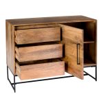 this unit features a natural unique woodgrain and knot pattern. A drawer and cabinet combination allows for extra bedside or living room storage.