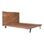 with an organic edge headboard joined by a butterfly technique in woodworking. Solid steel legs in a black