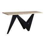 a showcase for the wood’s inherent beauty and natural qualities. Supporting the tabletop is an iron base