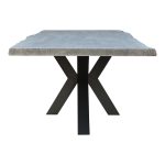 the Edge Dining Table features a live edge. Thick slabs of solid acacia wood add a natural component to the grey stained wood. A solid iron base adds a contemporary modern twist.